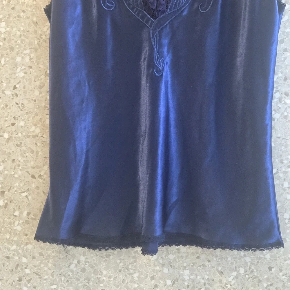 Natori‎ Blue Satin Lace Trim Sleep Cami Top Womens Small S Silky Lingerie
